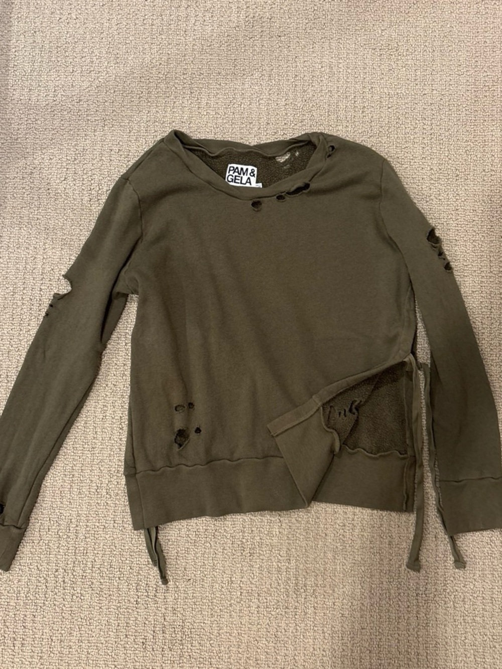 Pam & Gela Olive Distressed Crewneck Sweater